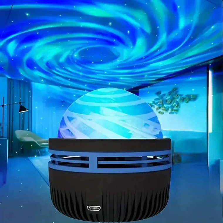 Galaxy vortex projector casting a blue nebula across a bedroom ceiling